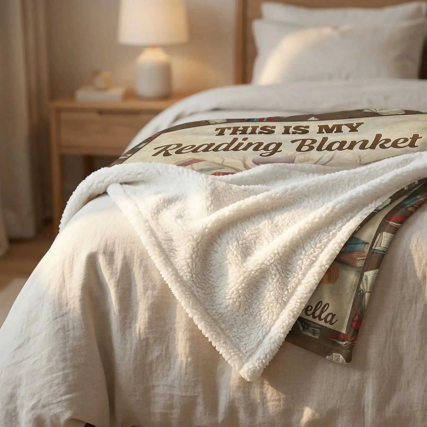 Folded personalized blanket for book lovers resting on a bed