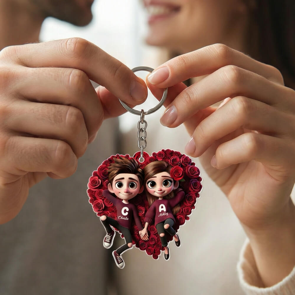 Personalized Acrylic Keychain, Rose Heart Couple Design, Gift for her, him, Couple