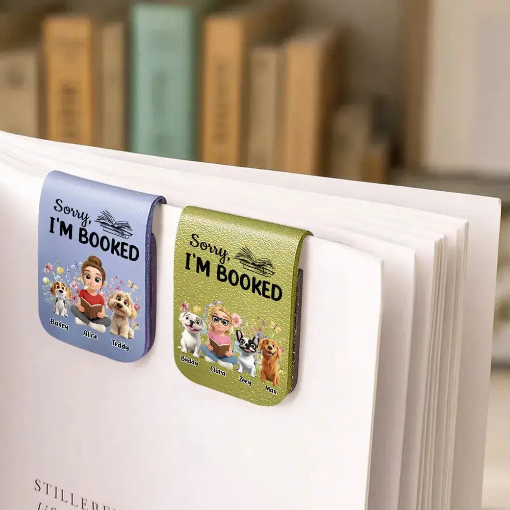 Close up of the watercolor art on a personalized dog mom leather bookmark.
