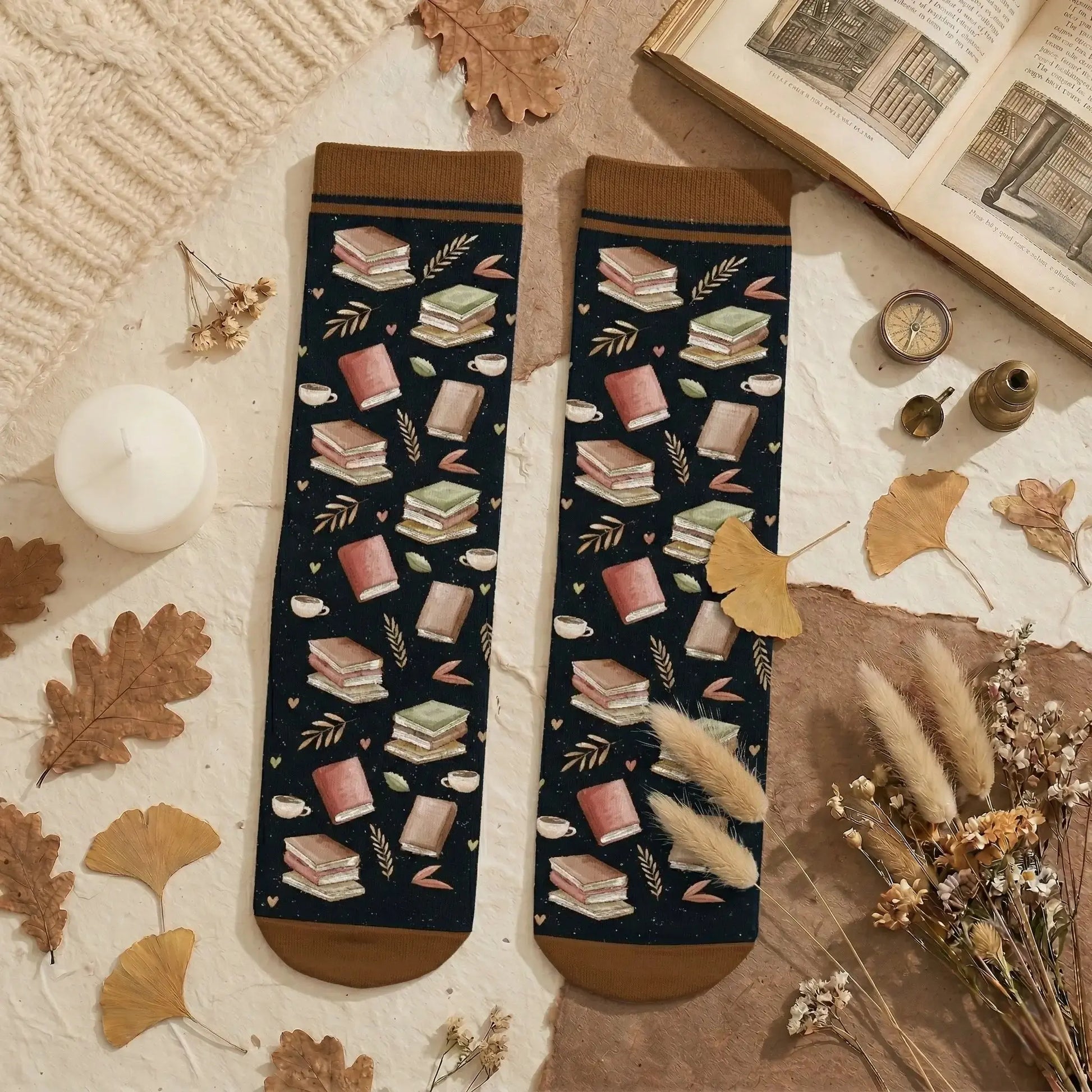 Flat lay of cozy weekend accessories including bespoke printed footwear.
