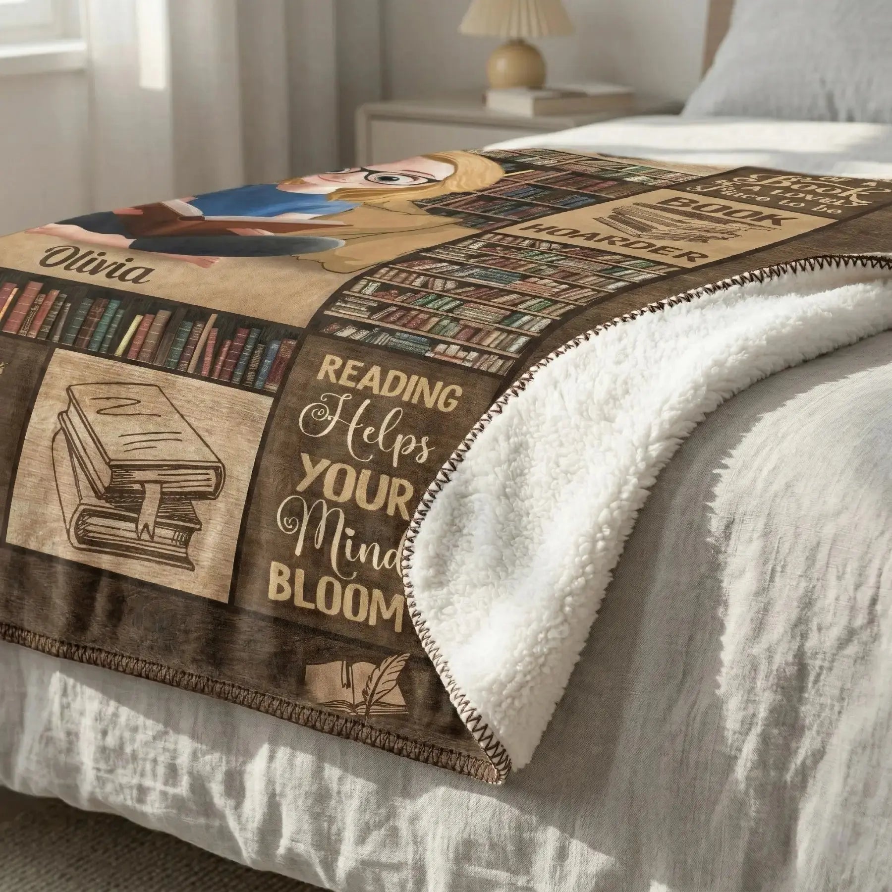 Folded custom bookworm fleece throw gift showing the soft anti-pilling texture