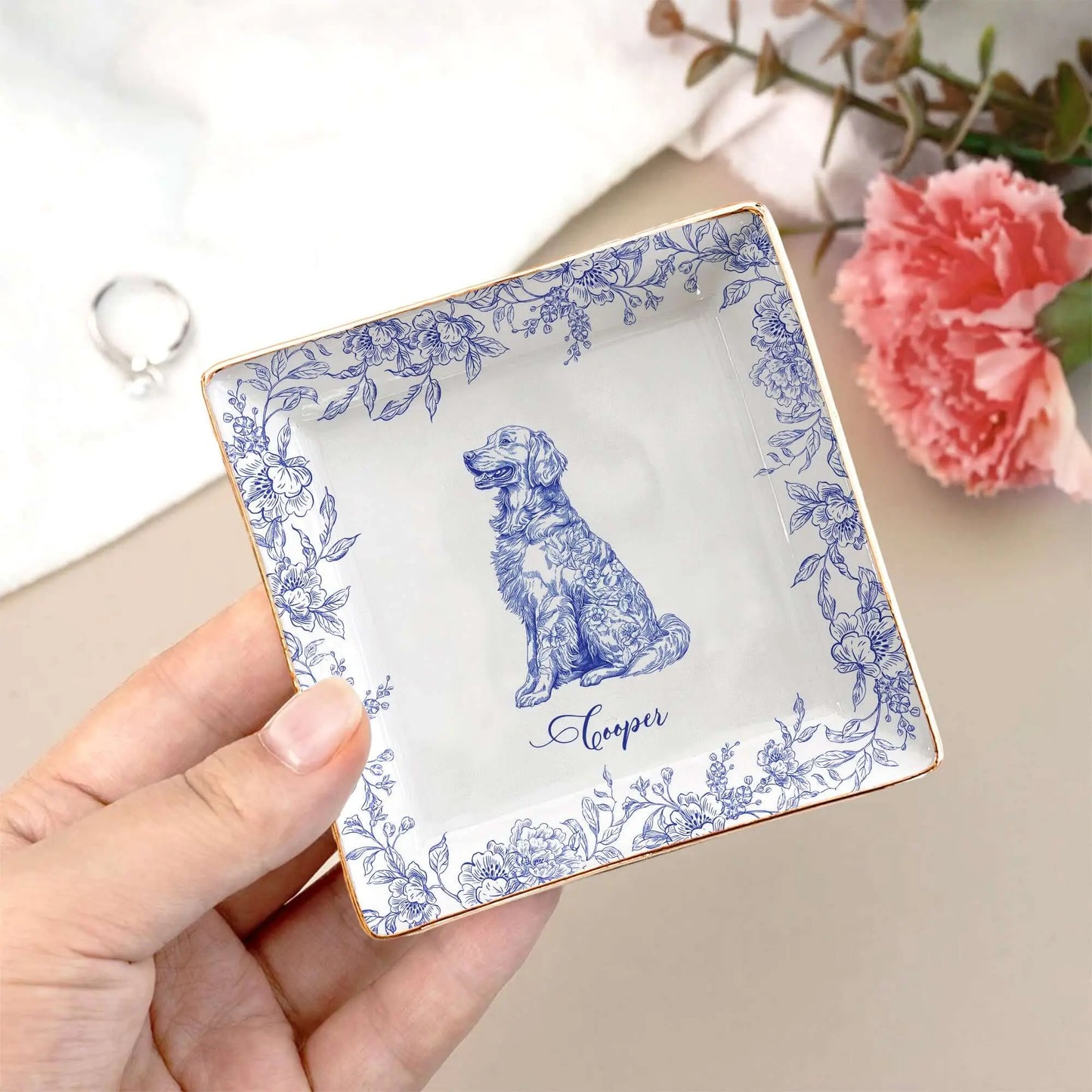 Ring dish personalized with a Golden Retriever portrait on a white marble nightstand.