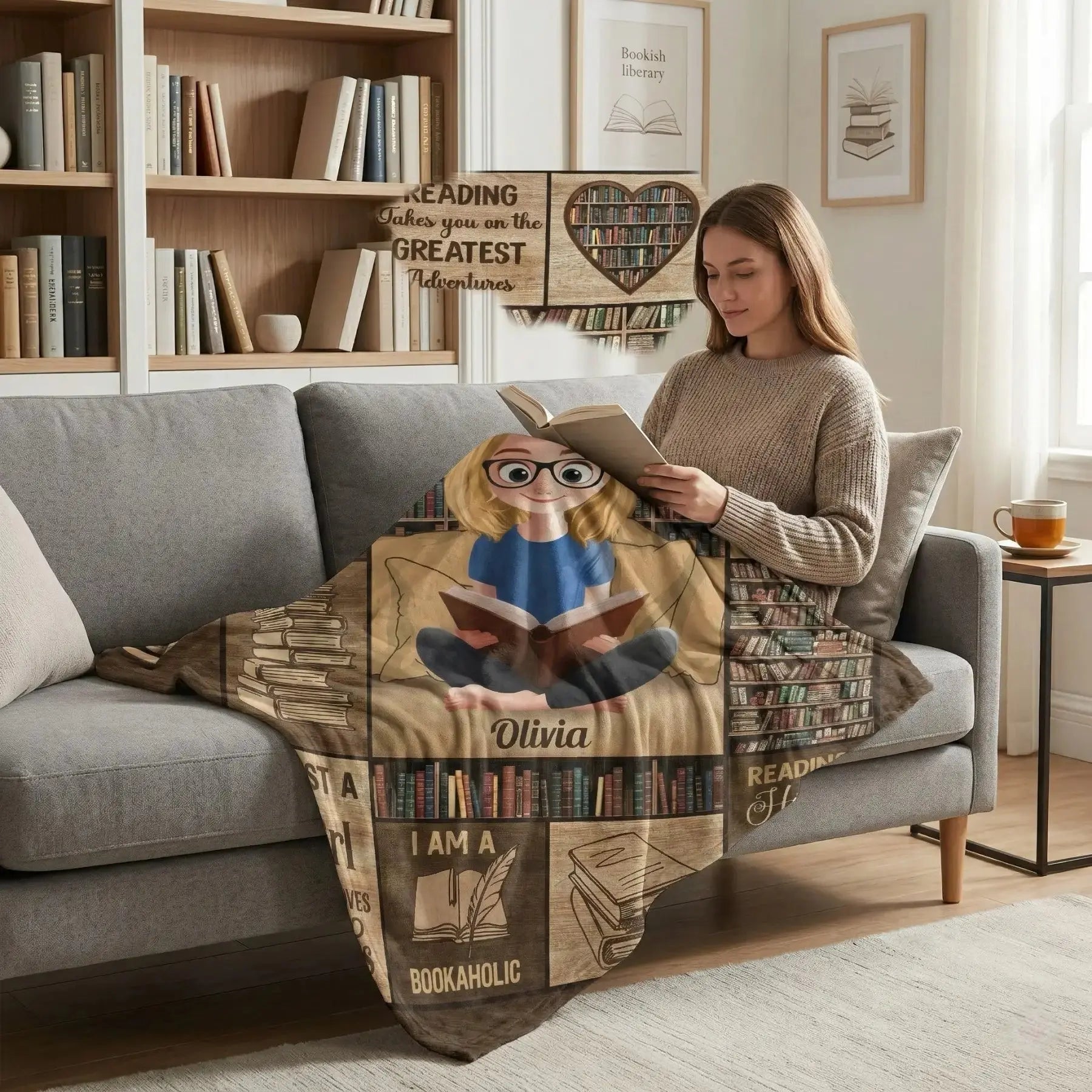 A woman wrapped in a personalized book lover reading blanket holding a cup of tea.