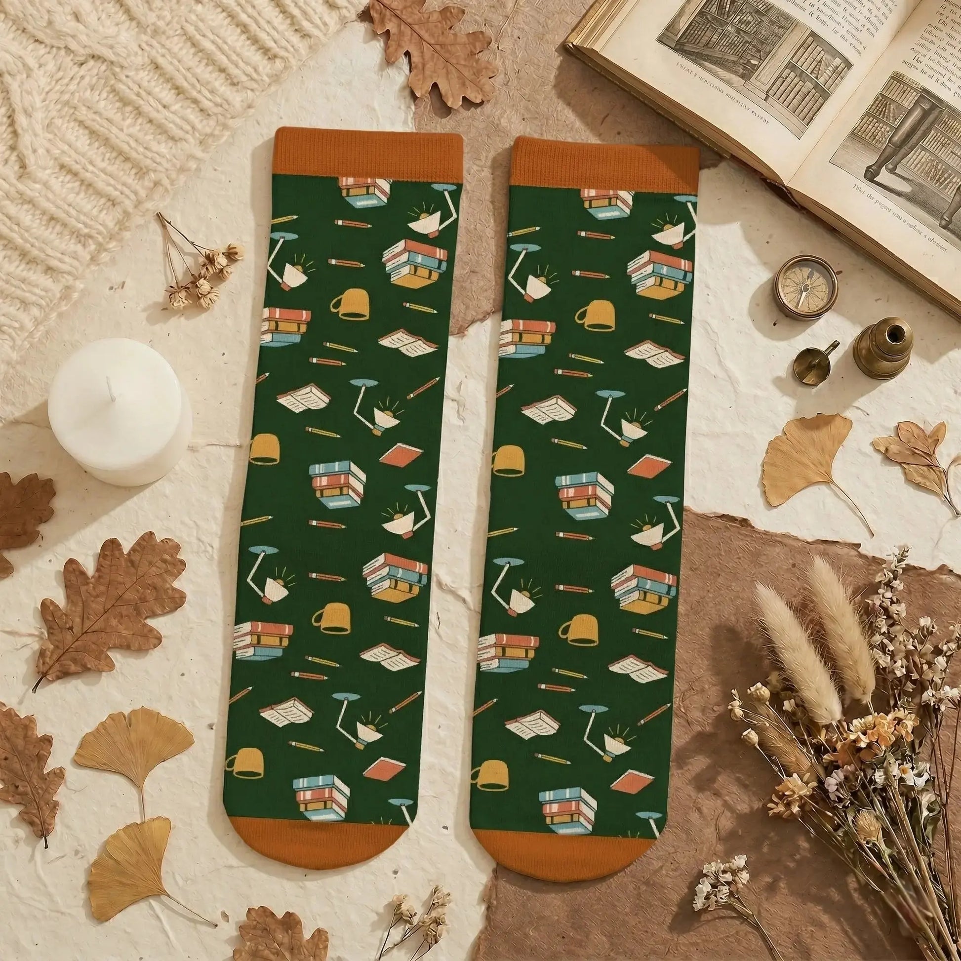 A beautiful flat lay of personalized reading socks for women