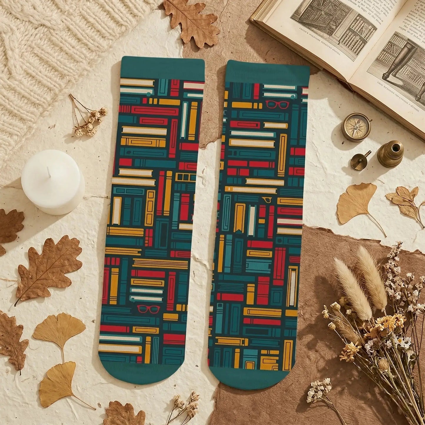 A beautiful flat lay of book lover gifts for her including custom socks