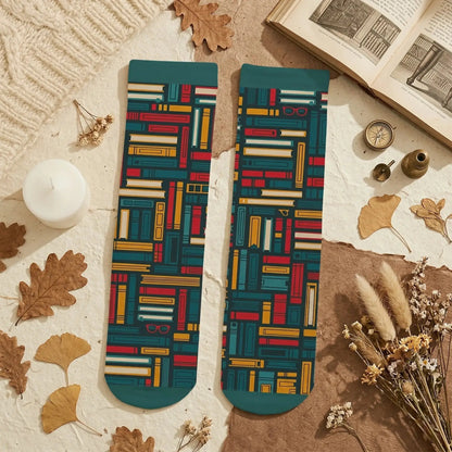 A beautiful flat lay of book lover gifts for her including custom socks