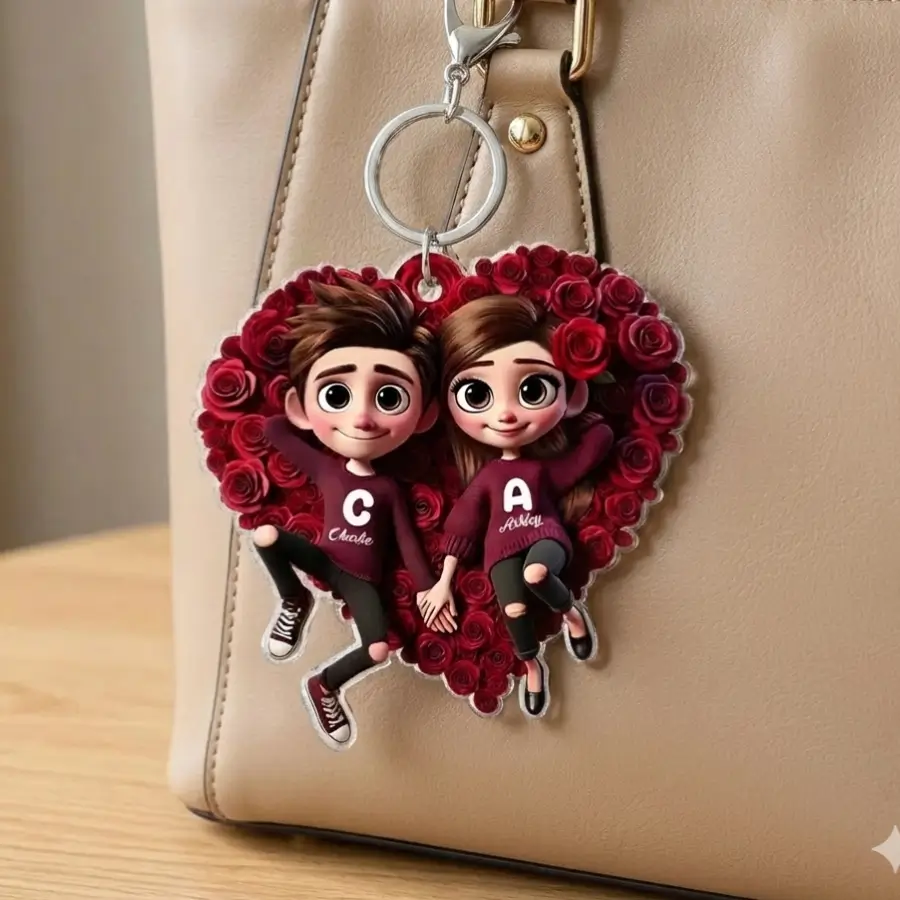 Personalized Acrylic Keychain, Rose Heart Couple Design, Gift for her, him, Couple