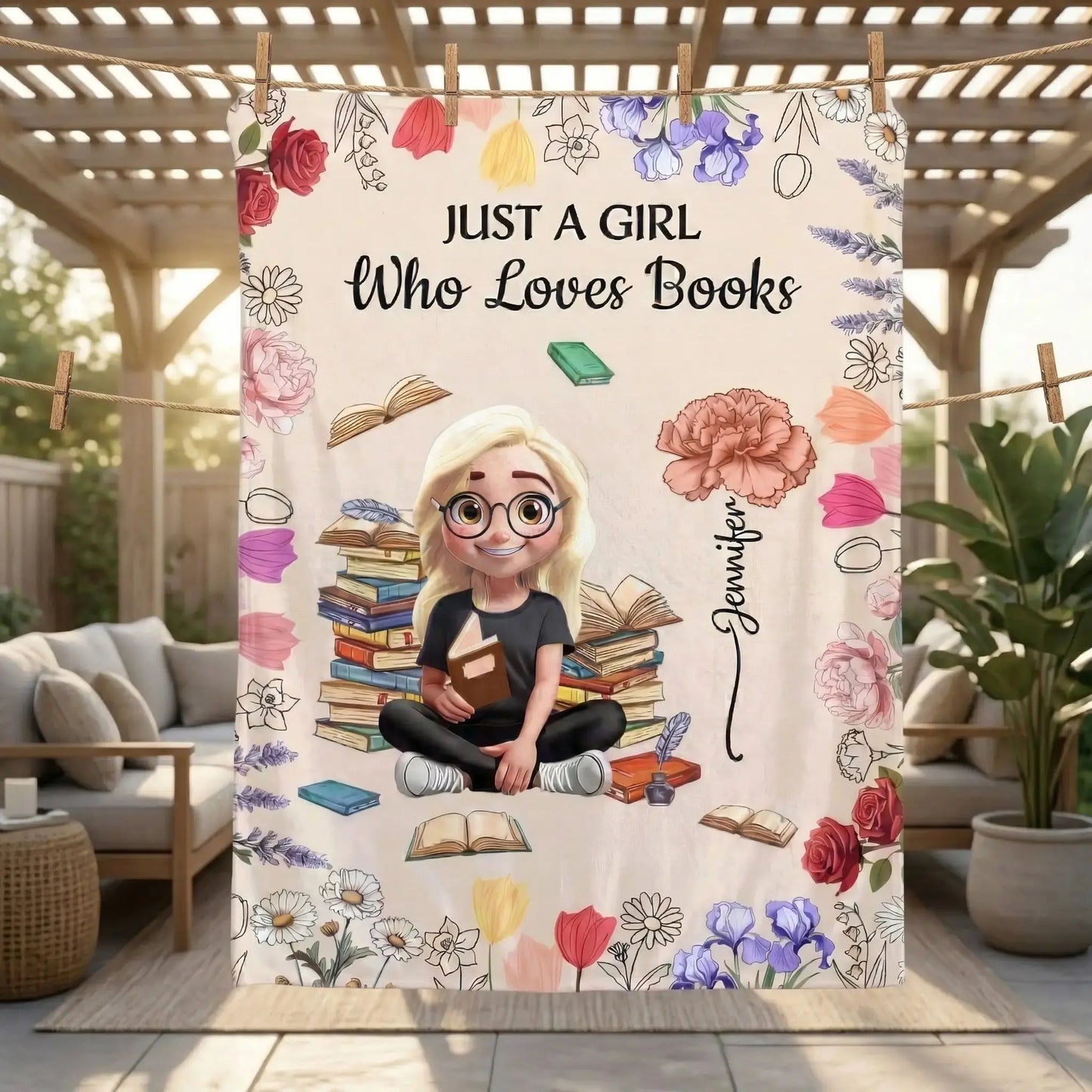 Beautiful floral patterns on a bookish aesthetic throw blanket.