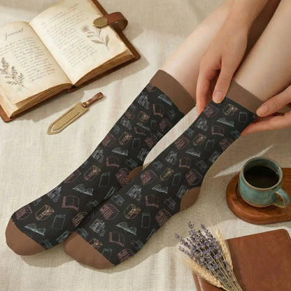 Mid-tube funny socks keeping feet warm on a living room rug.