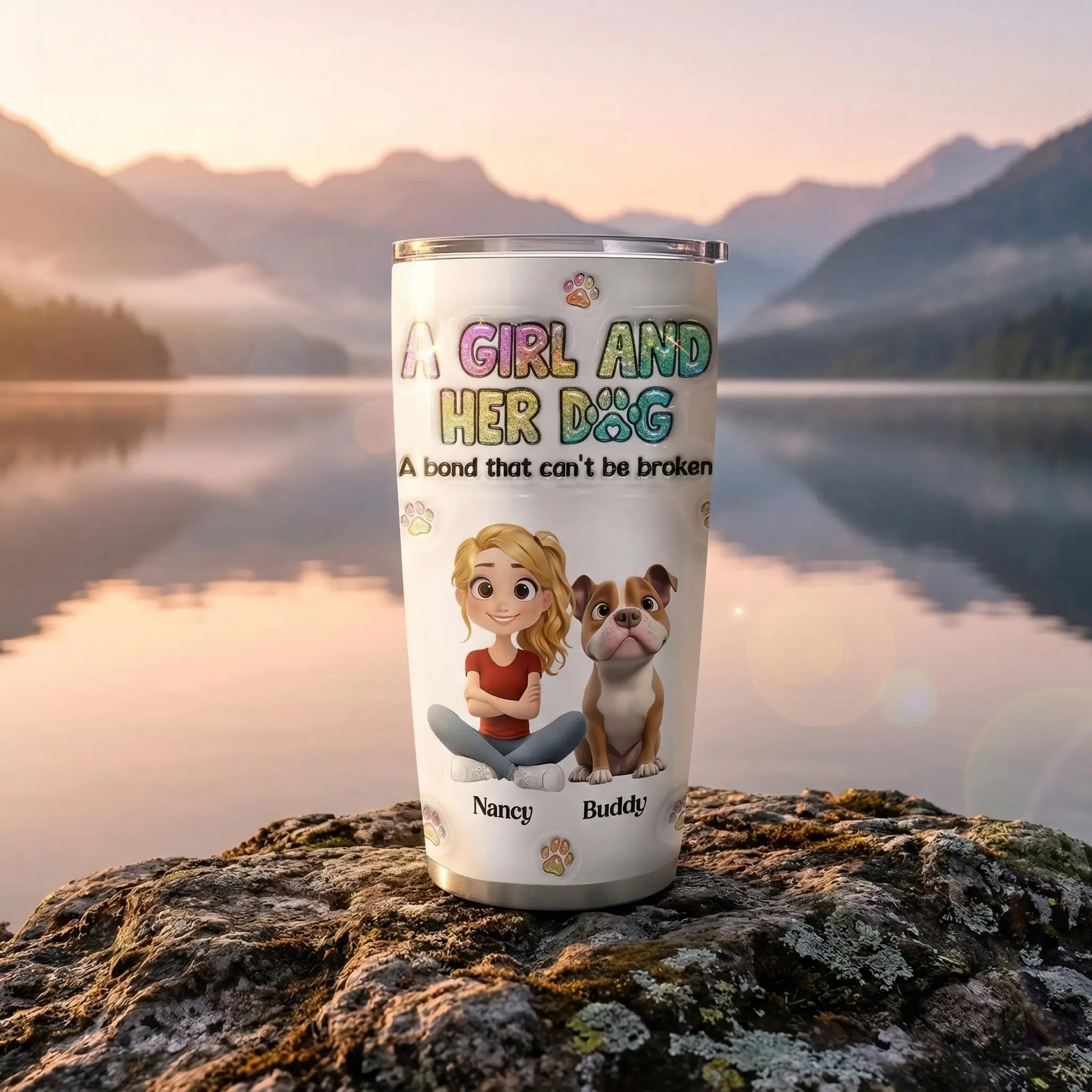 Beautiful custom coffee tumbler with 3D inflated effect dog design on a rock