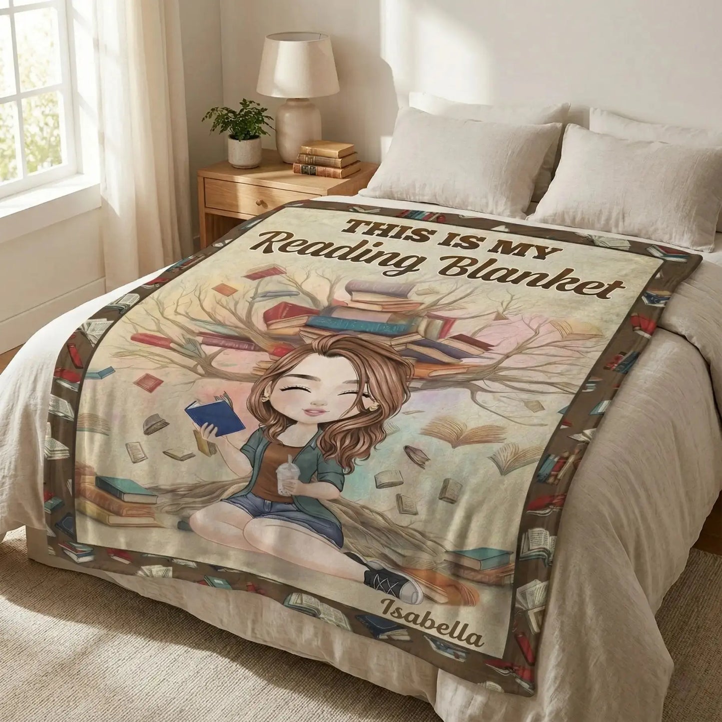 Close-up of the Once Upon A Time text on a custom bookworm reading throw blanket