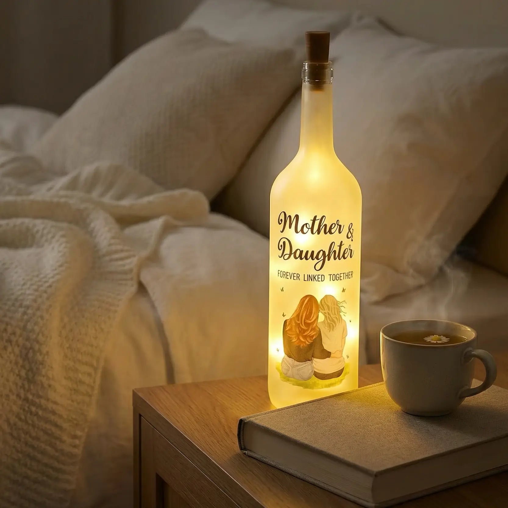 Personalized wine bottle lamp with 'Mother & Daughter Forever Linked Together' text on a bedside table with a cup of coffee.