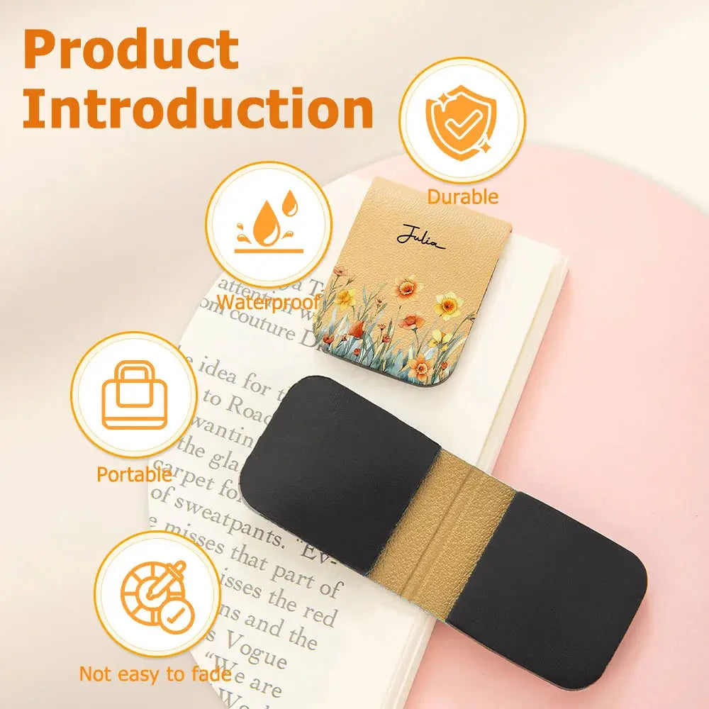 Product introduction with a durable, waterproof, portable, and fade-resistant item on a book.