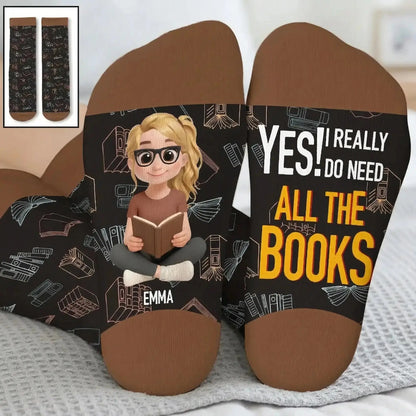 Close up of the text message on funny custom reading socks.