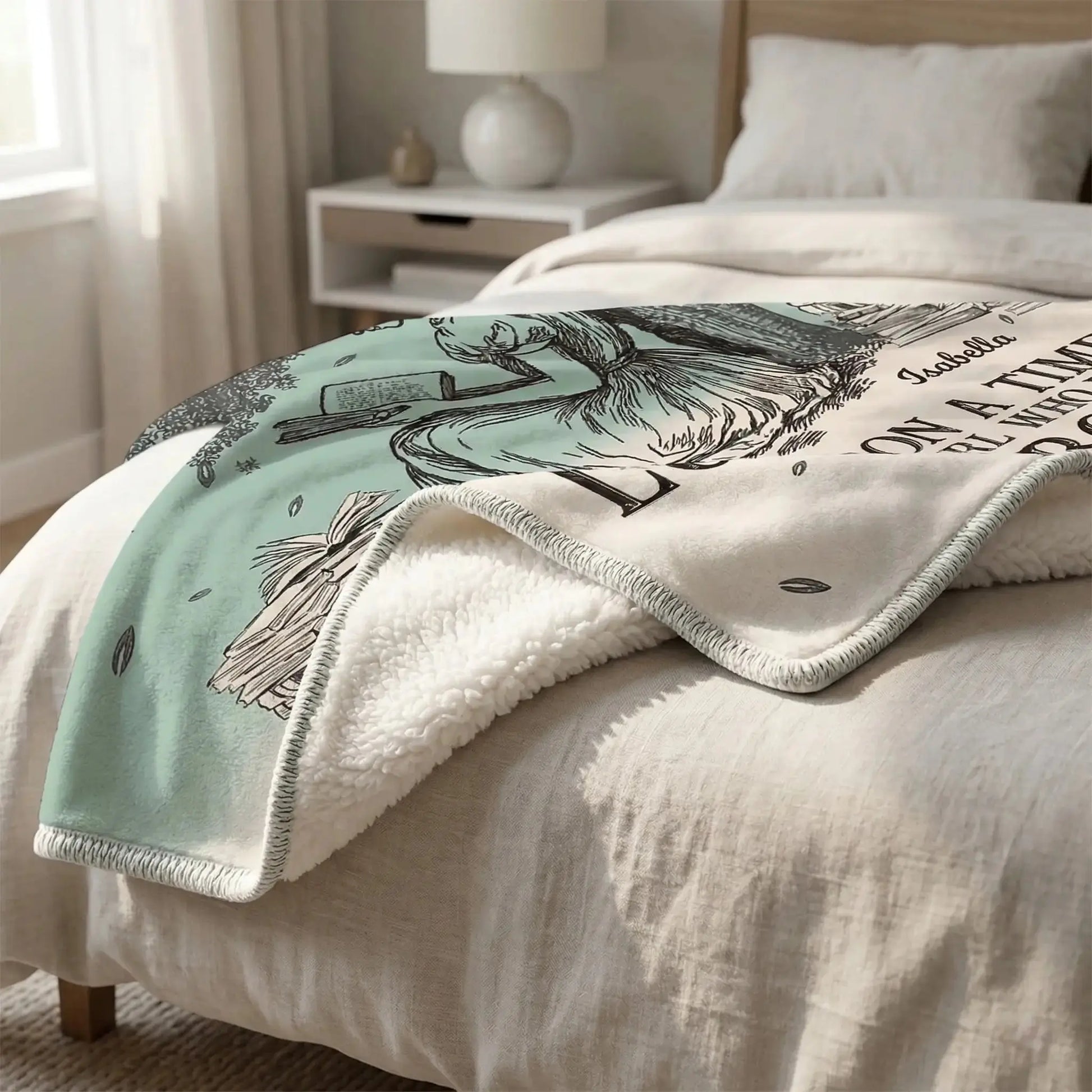 Personalized Reading Blanket draped over a cozy living room bed