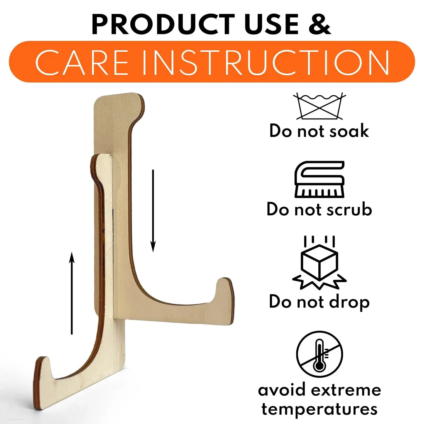 Wooden product stand with care instructions on a white background