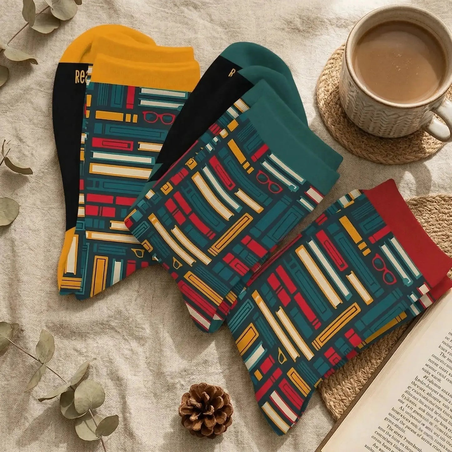 Detailed bespoke illustration printed on comfortable reading socks
