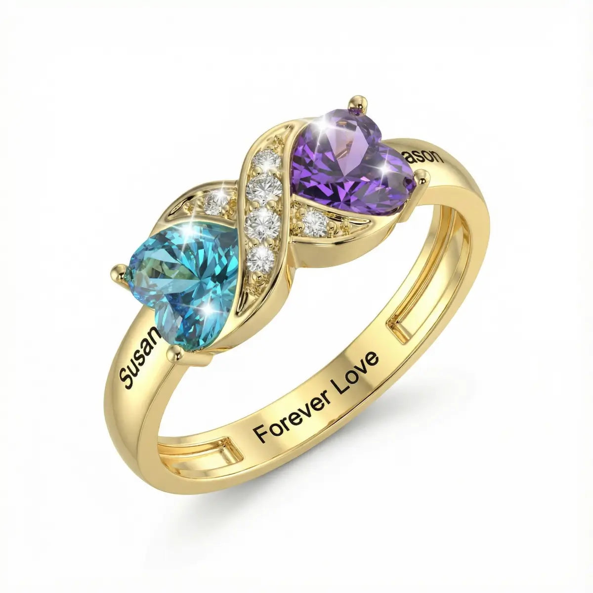 Gold ring with heart-shaped blue and purple birth stones on a white background