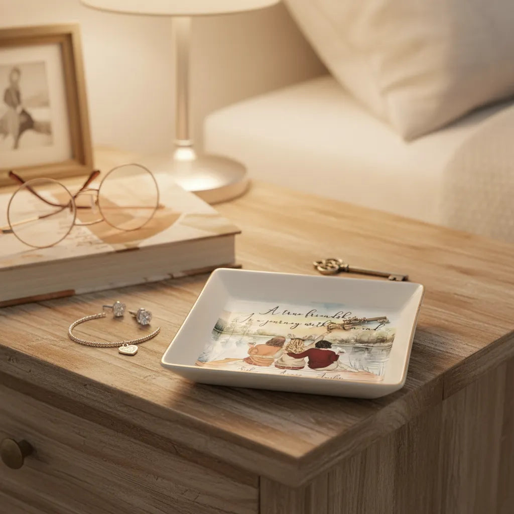 Meaningful birthday gift for female friend on a bedroom vanity