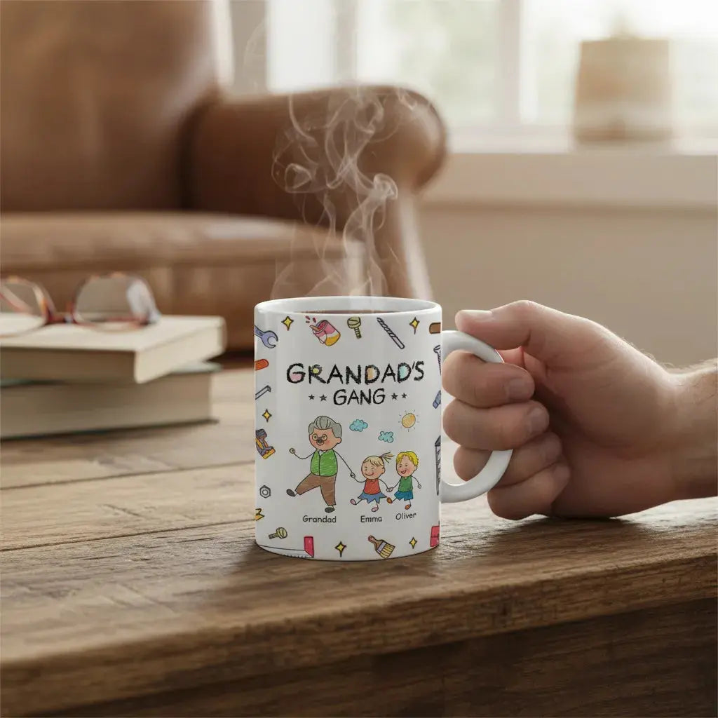 Hand holding a Personalized dad mug with cute grandchildren characters on a wooden table.