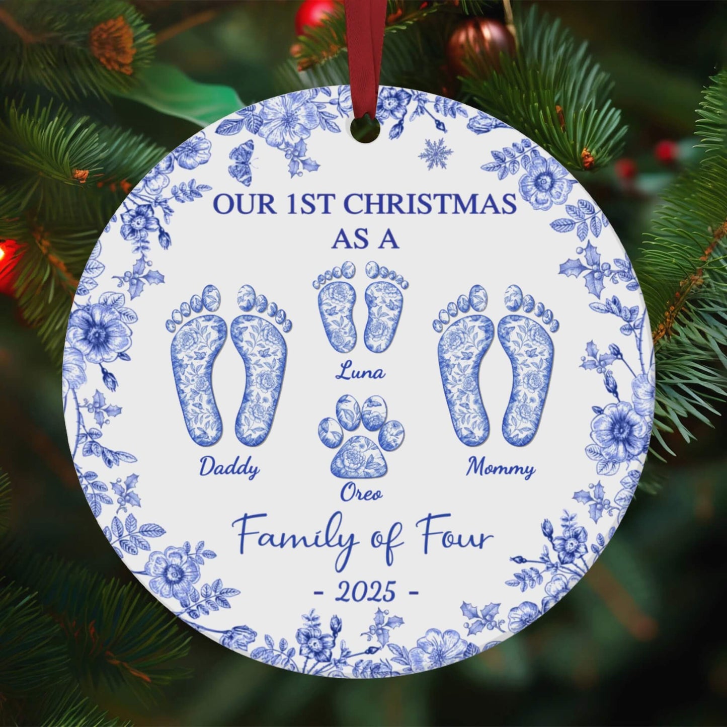 Personalized blue floral ceramic ornament with Luna, Daddy, Mommy, and Oreo paw print; Family of Four 2025.