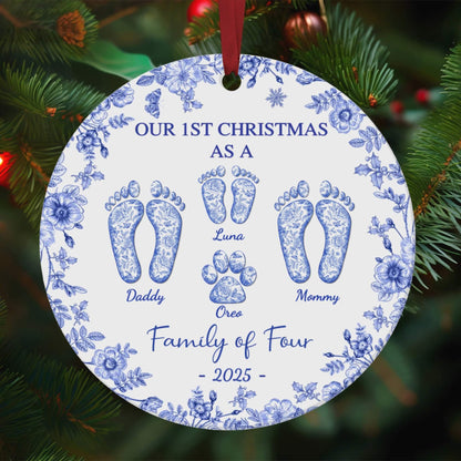 Personalized blue floral ceramic ornament with Luna, Daddy, Mommy, and Oreo paw print; Family of Four 2025.