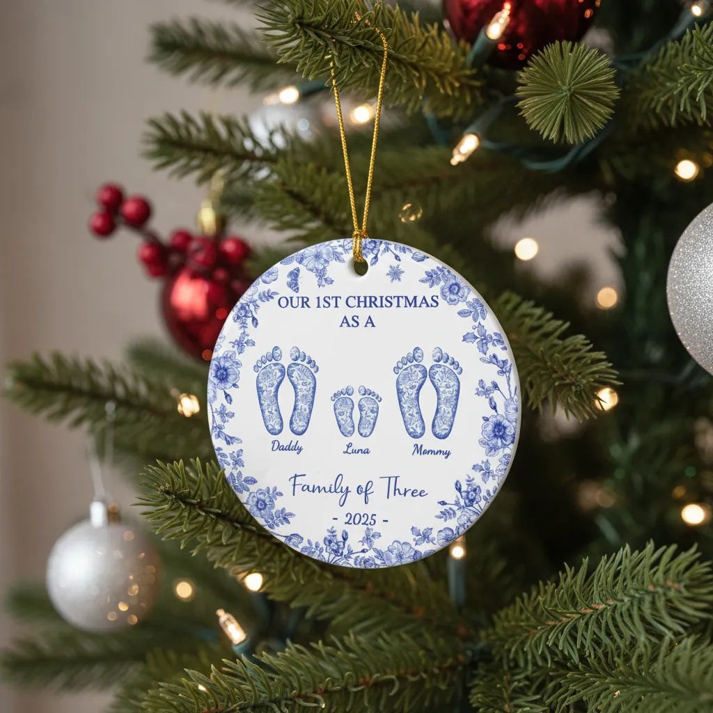 Round ceramic ornament with blue floral border and footprints for Daddy, Luna, Mommy - Family of Three, 2025.