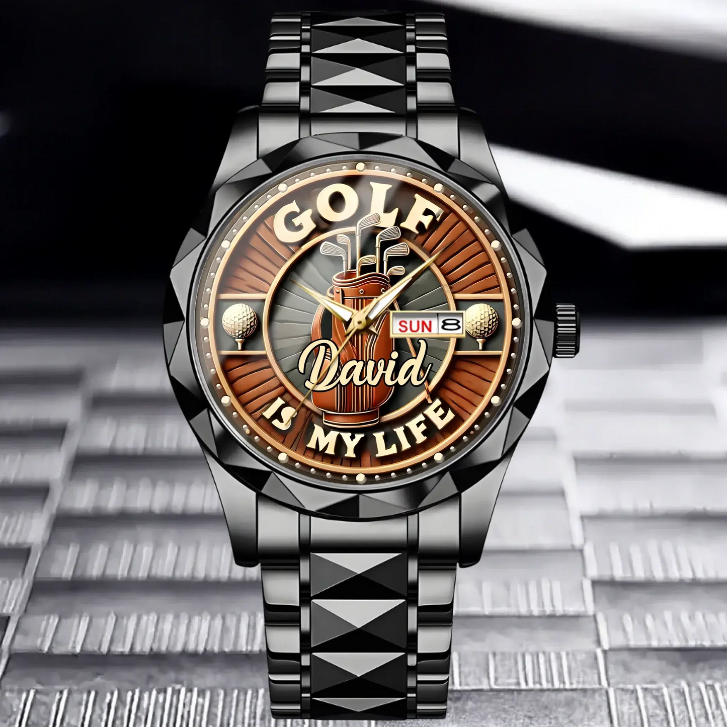 Personalized Golf Watch - Celebrate His Weekend Passion for custom golf gift - close-up detail view