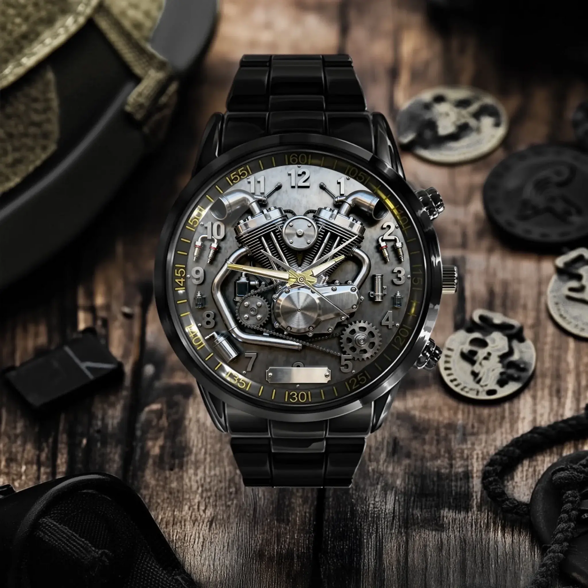 custom motorcycle watch showing the detailed V-twin engine dial 02