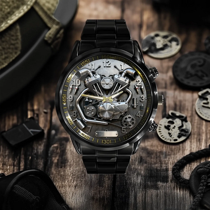 custom motorcycle watch showing the detailed V-twin engine dial 02