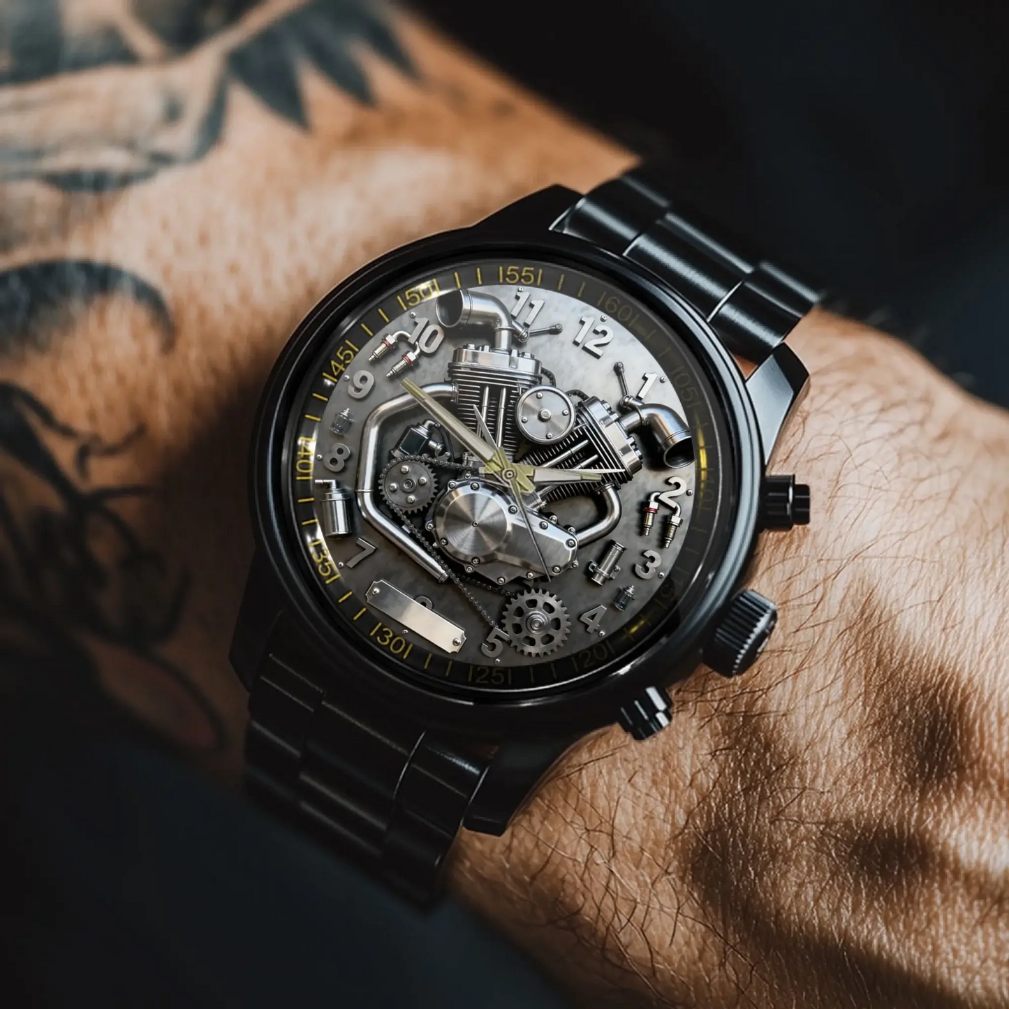 Man adjusting his personalized V-twin engine watch for him before a weekend ride