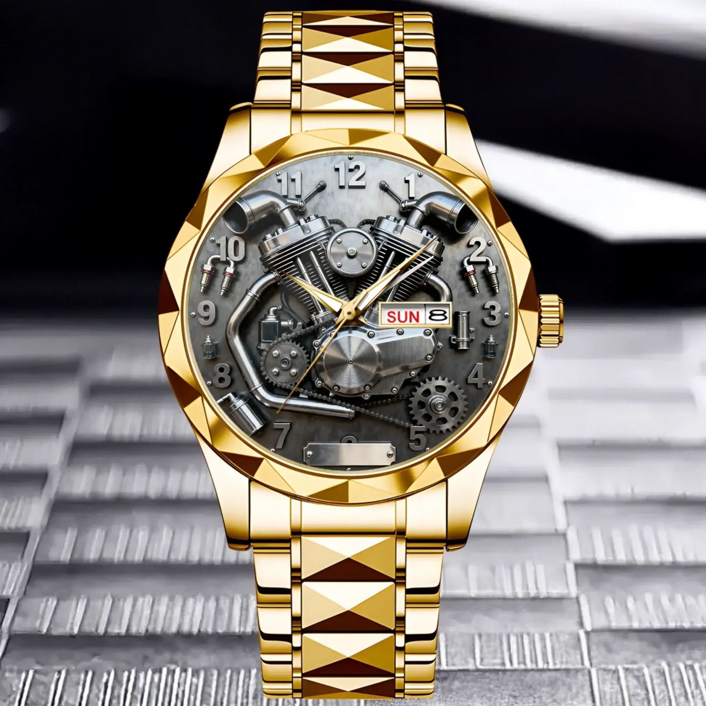 Gold custom motorcycle watch showing the detailed V-twin engine dial.