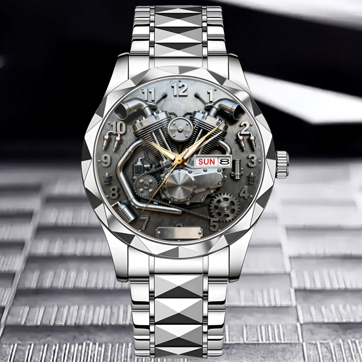 Silver custom motorcycle watch showing the detailed V-twin engine dial.