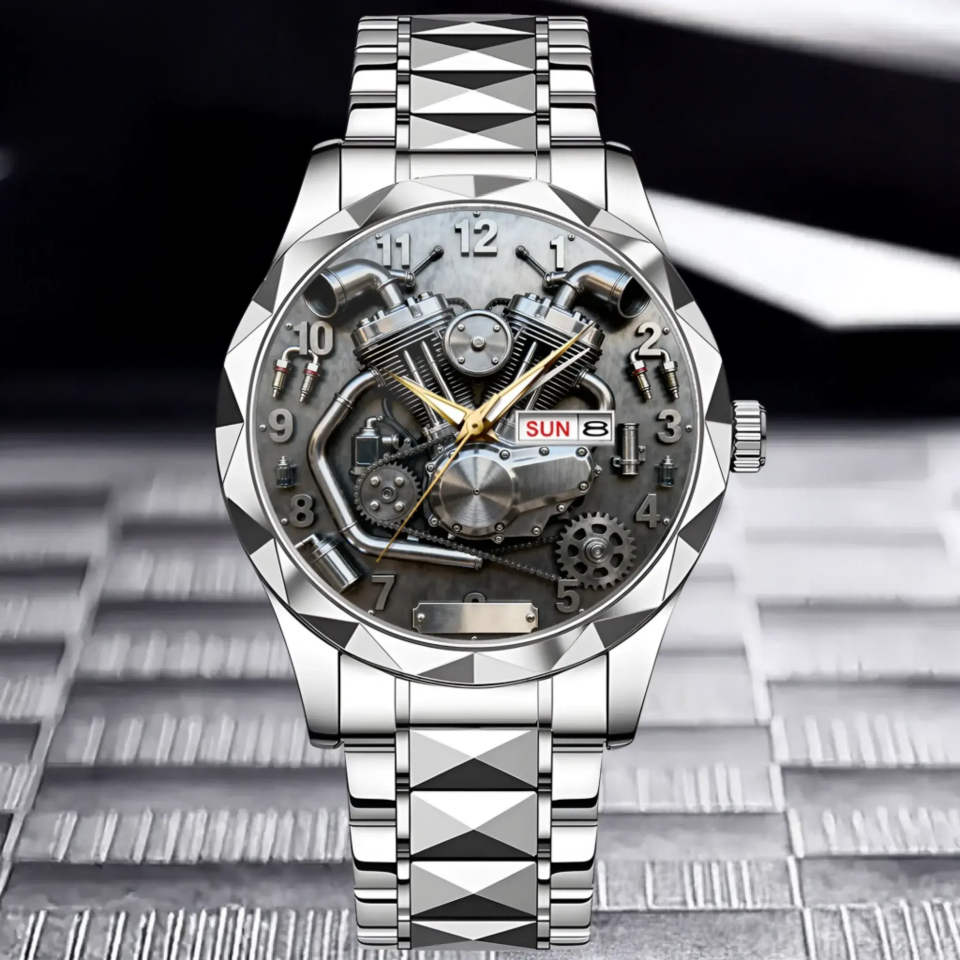 Silver custom motorcycle watch showing the detailed V-twin engine dial.