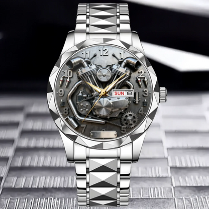 Silver custom motorcycle watch showing the detailed V-twin engine dial.