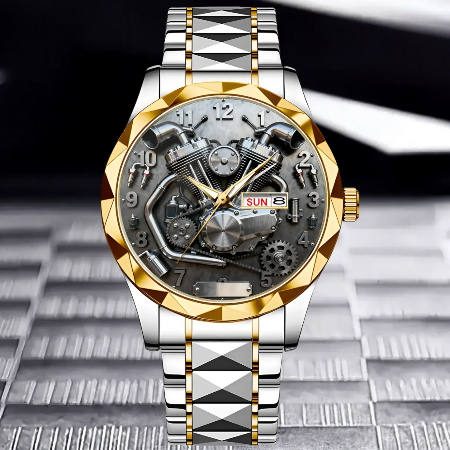 Silver Gold custom motorcycle watch showing the detailed V-twin engine dial.