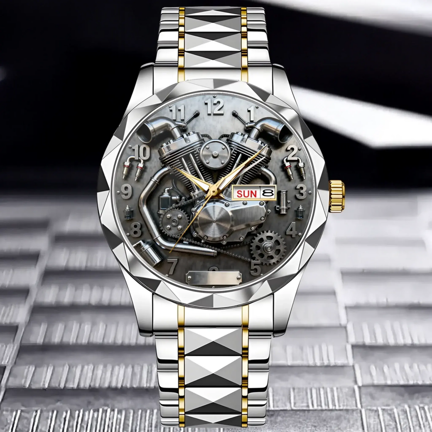 Silver Gold Chain custom motorcycle watch showing the detailed V-twin engine dial.