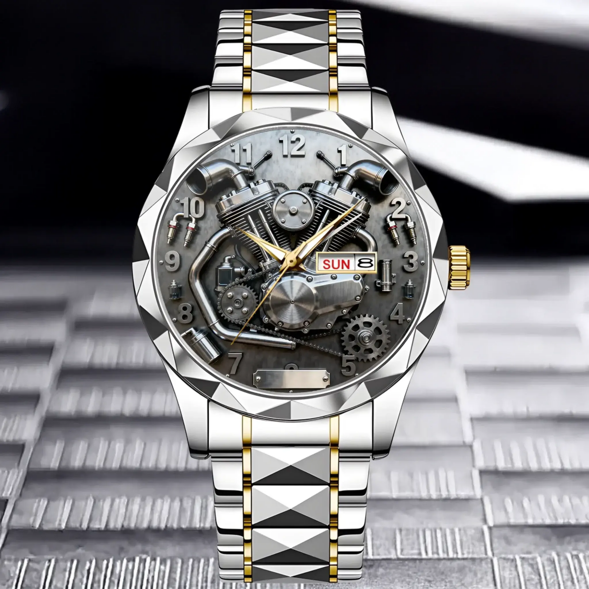 Silver Gold Chain custom motorcycle watch showing the detailed V-twin engine dial.