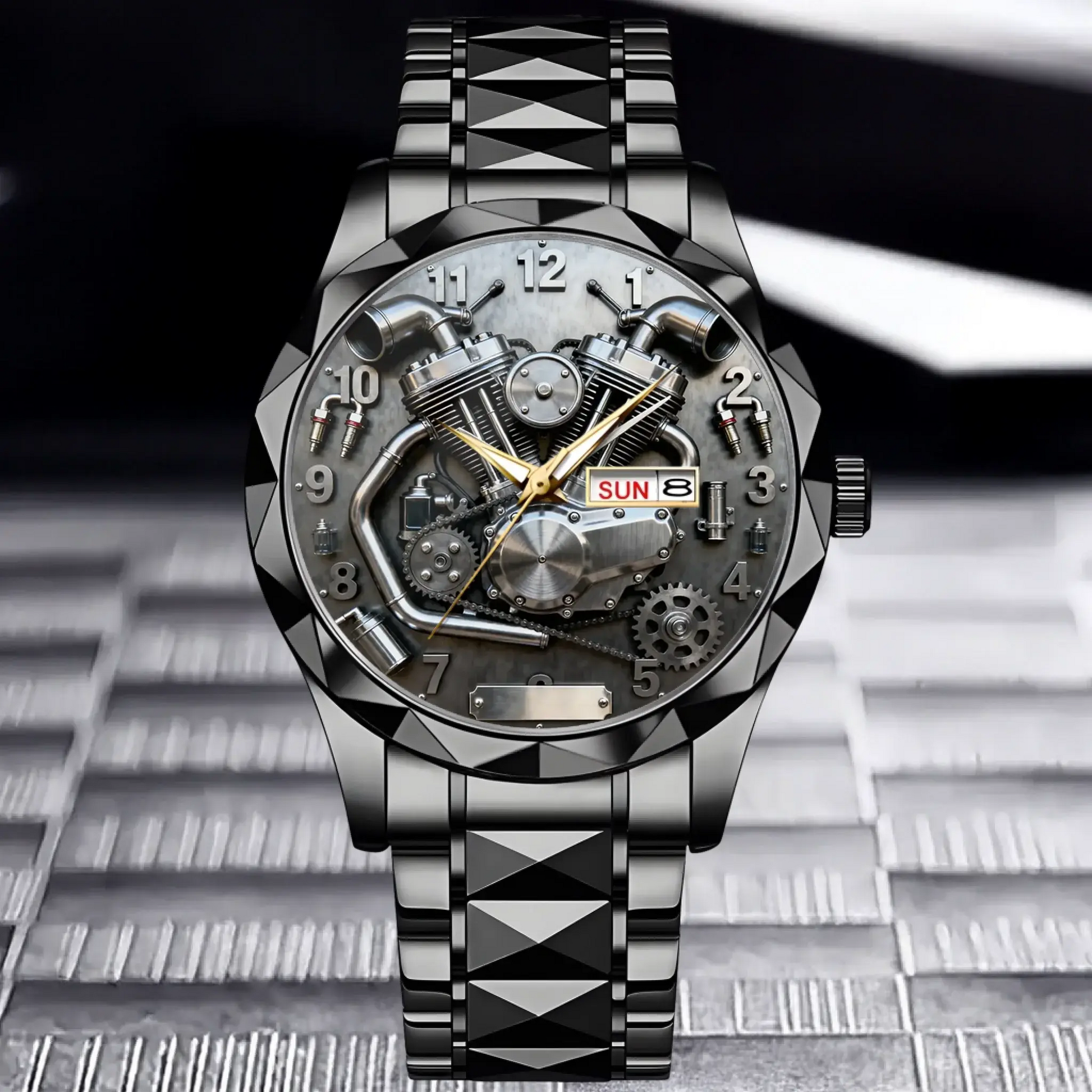 Black custom motorcycle watch showing the detailed V-twin engine dial.