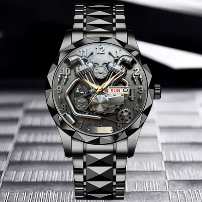 Black custom motorcycle watch showing the detailed V-twin engine dial.