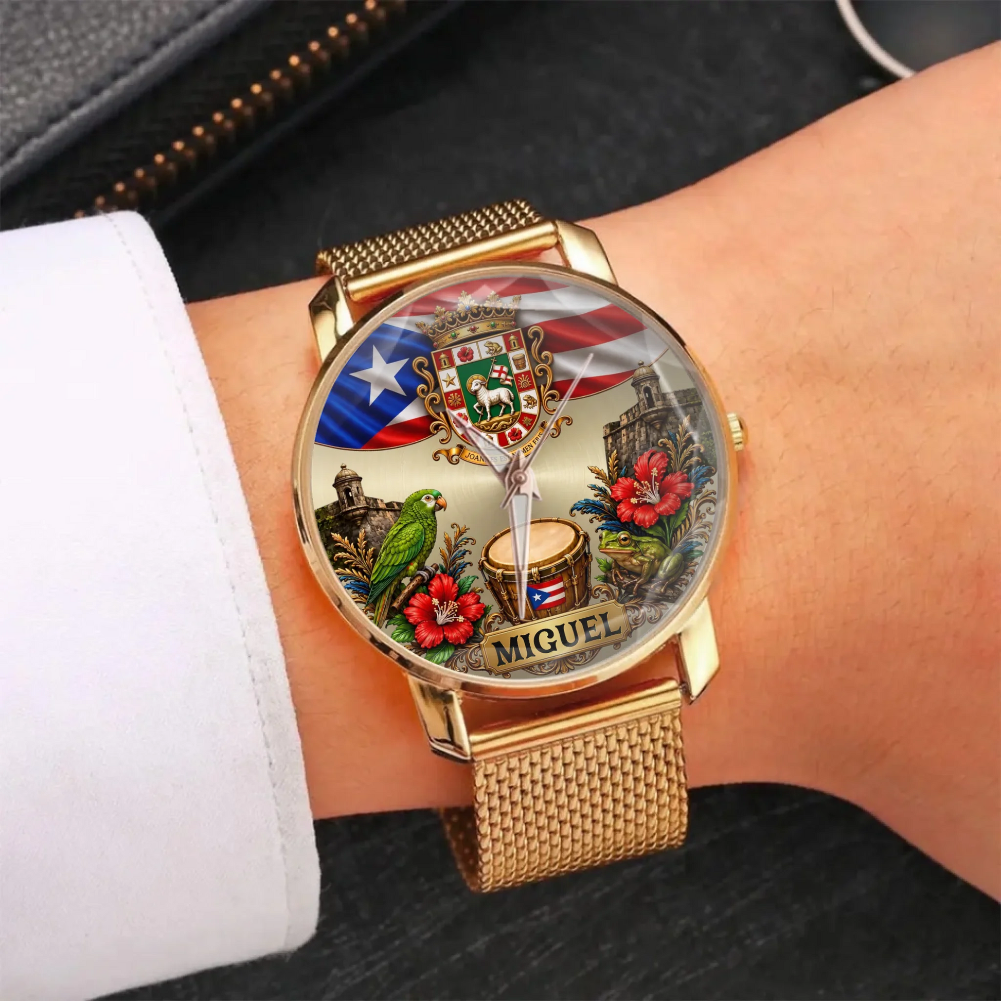 Personalized watch with Puerto Rican pride coat of arms and name