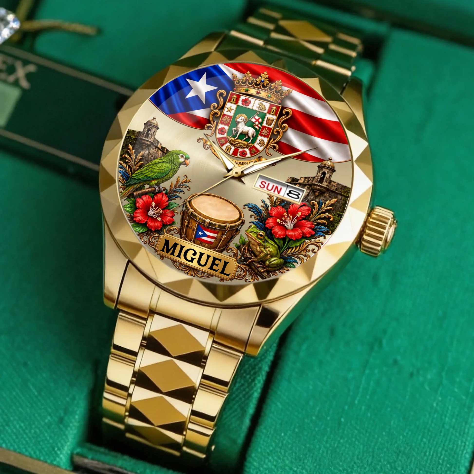 Personalized Puerto Rican Pride Watch front view with heritage coat of arms