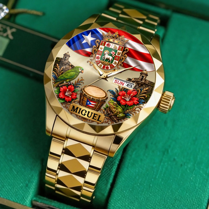 Personalized Puerto Rican Pride Watch front view with heritage coat of arms