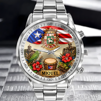 Puerto Rican pride custom name watch with coat of arms gift detail