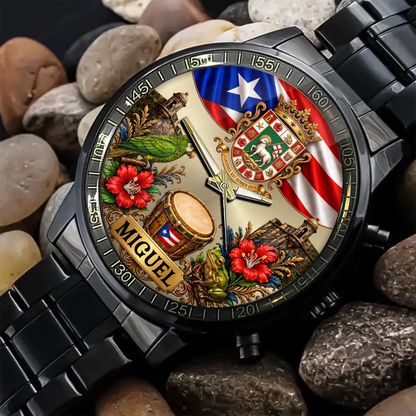 Personalized Puerto Rican pride watch showing custom name heritage design