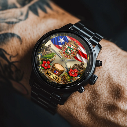 Puerto Rico pride watch gift with custom name and coat of arms design