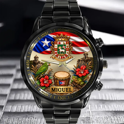 Personalized Puerto Rican Pride Watch with custom name and coat of arms