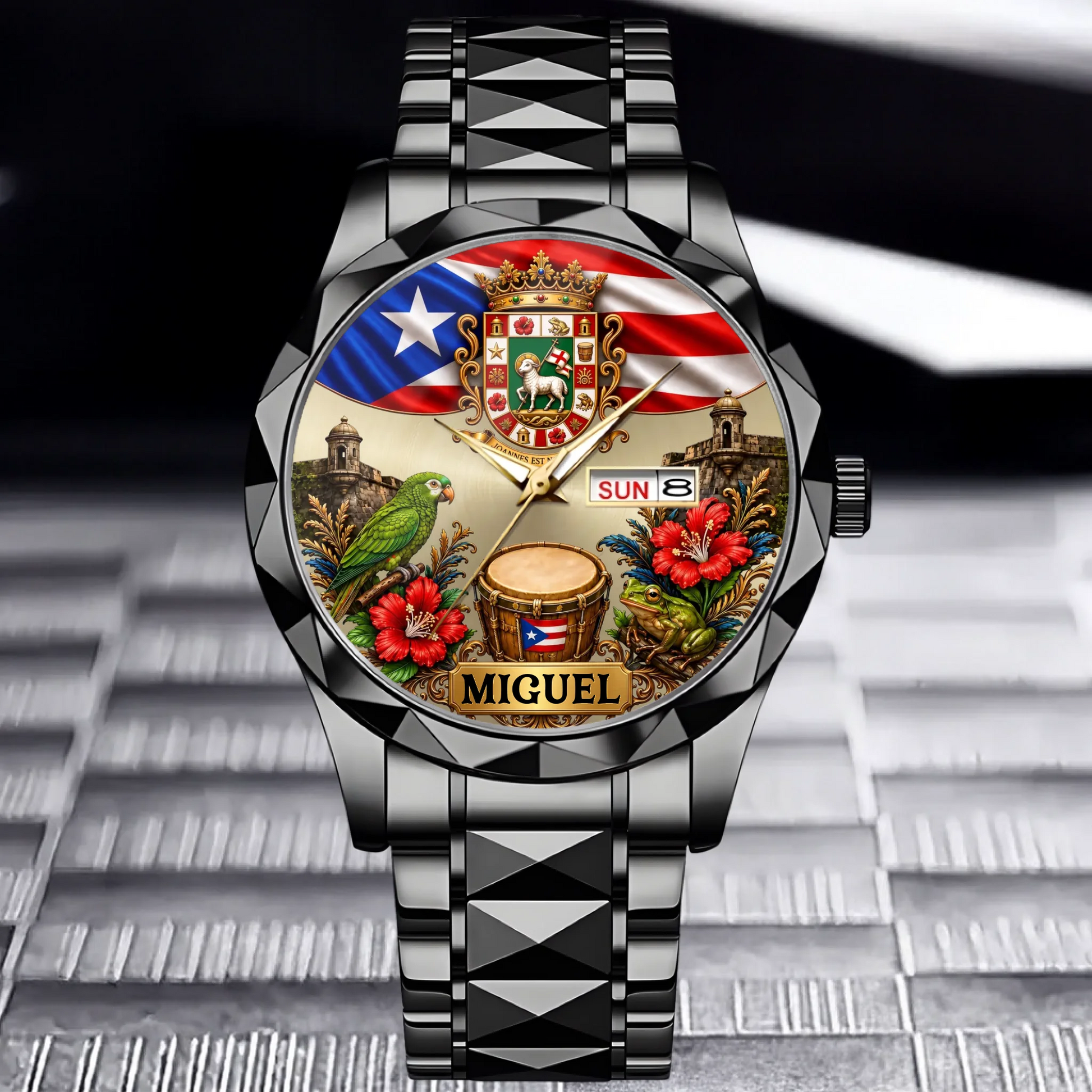 Black Luxury Business Style waterproof Personalized Puerto Rican Pride Watch