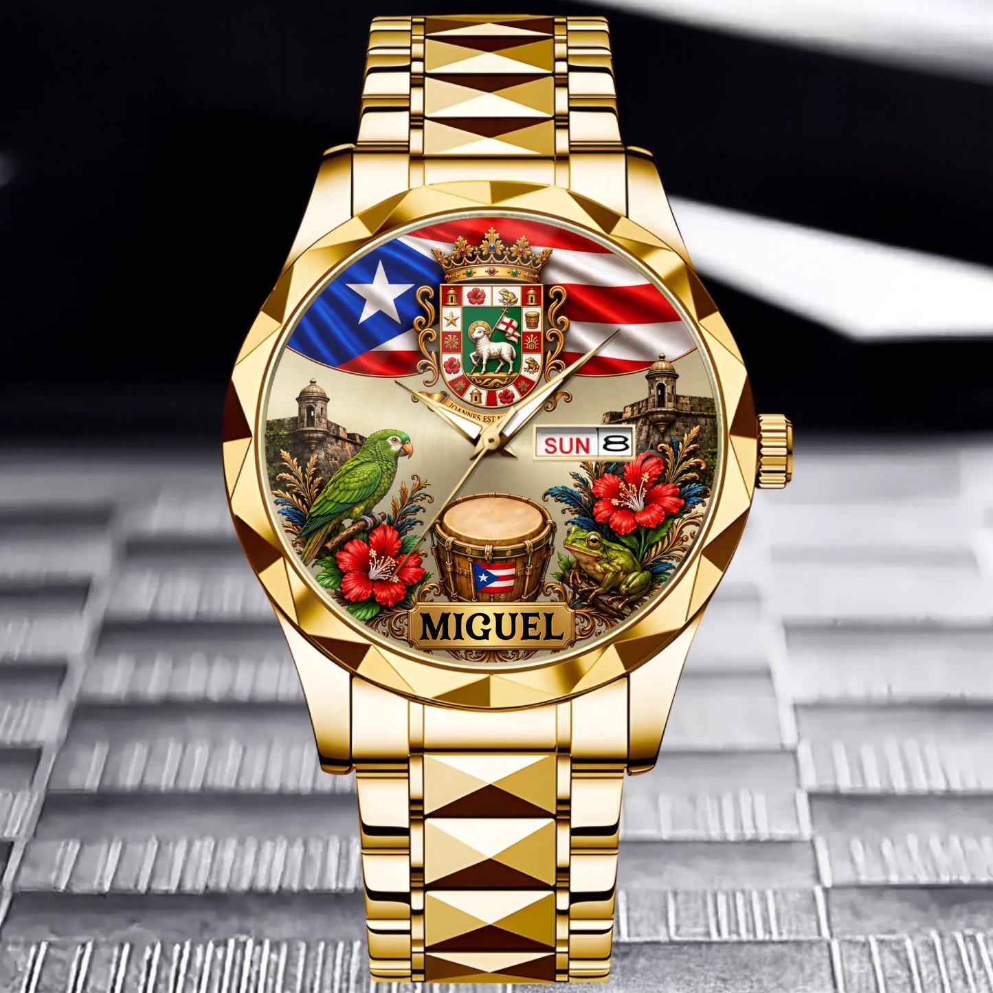 Gold Luxury Business Style waterproof Puerto Rican pride custom name watch