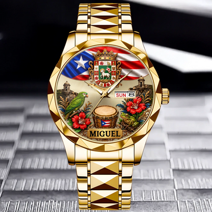 Gold Luxury Business Style waterproof Puerto Rican pride custom name watch